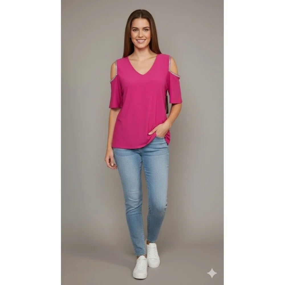 Cold Shoulder Top Glam Blouse Womens M Hot Magenta Pink Stretch Rhinestones NWT